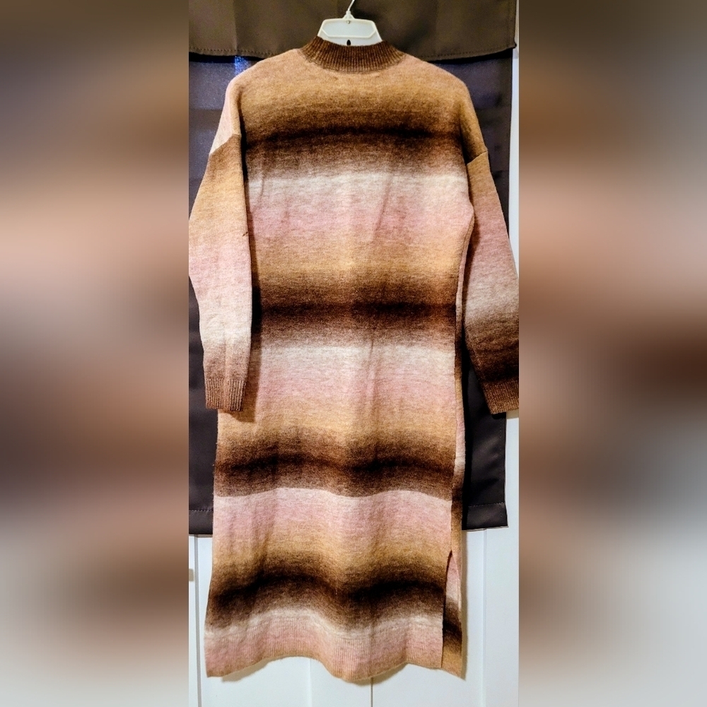 Loft Ombre Striped Long Sleeve Cozy Knit Sweater Midi Dress in Brwn, Pink, White - Picture 3 of 9